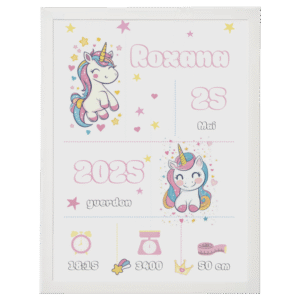 Affiche naissance personnalisée licorne rose et violette cadre blanc décoration chambre fille