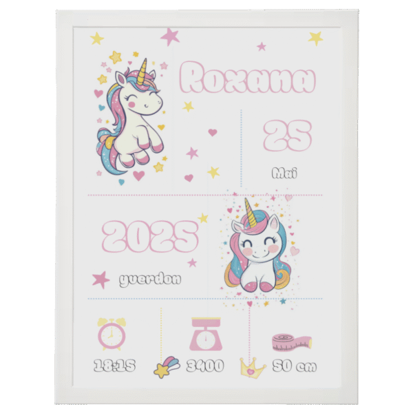 Affiche naissance personnalisée licorne rose et violette cadre blanc décoration chambre fille