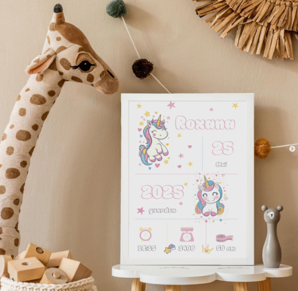 Cadeau de Naissance Personnalisée "Licorne Enchantée" – Cadre Inclus