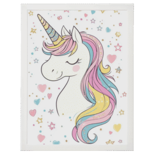 Affiche décorative licorne crinière arc-en-ciel cadre blanc décoration féerique chambre fille