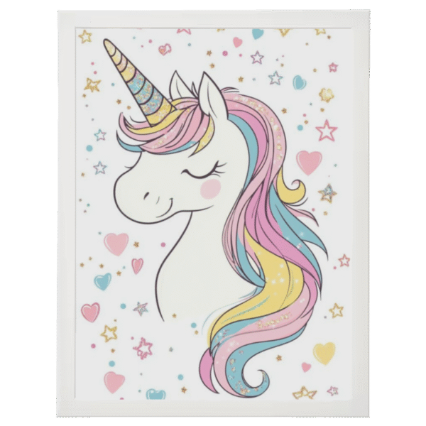 Affiche décorative licorne crinière arc-en-ciel cadre blanc décoration féerique chambre fille