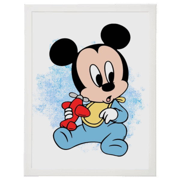 Affiche décorative Mickey bébé avec avion rouge cadre blanc décoration garçon