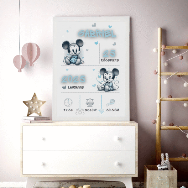 Affiche de Naissance Personnalisée "Petit Moussaillon Mickey" – Cadre Inclus