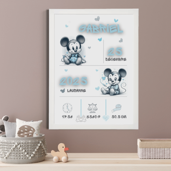 Affiche de Naissance Personnalisée "Petit Moussaillon Mickey" – Cadre Inclus