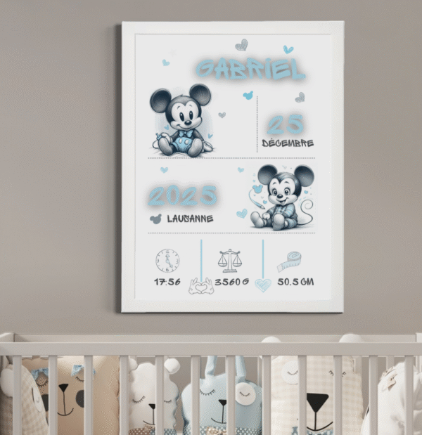 Affiche de Naissance Personnalisée "Petit Moussaillon Mickey" – Cadre Inclus