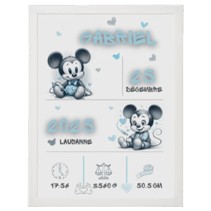 Affiche naissance personnalisée Mickey bébé bleu gris cadre blanc décoration garçon