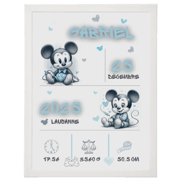 Affiche naissance personnalisée Mickey bébé bleu gris cadre blanc décoration garçon