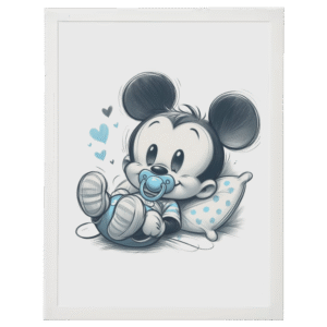 Affiche décorative Mickey bébé avec tétine style croquis bleu cadre blanc
