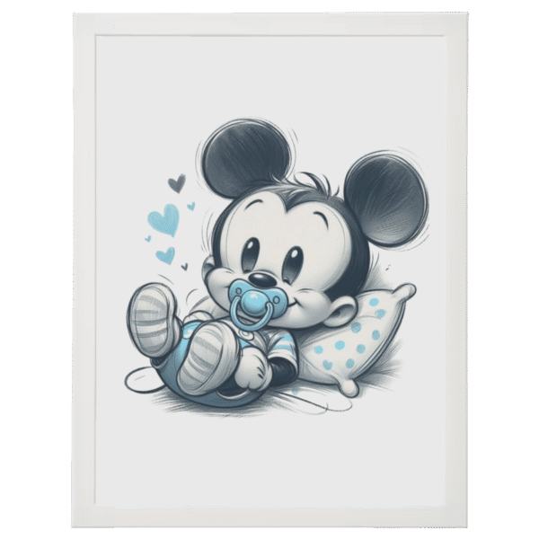 Affiche décorative Mickey bébé avec tétine style croquis bleu cadre blanc