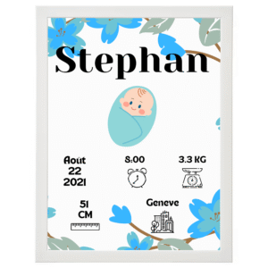 Tableau naissance personnalisé garçon fleurs bleues cadre bois BabyLegacy
