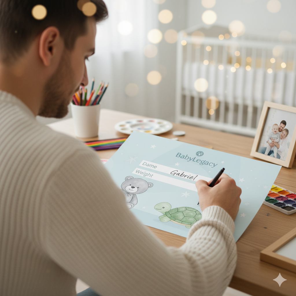 Gros plan sur un ordinateur affichant un design d'affiche de naissance personnalisée en cours de création dans l'atelier BabyLegacy.