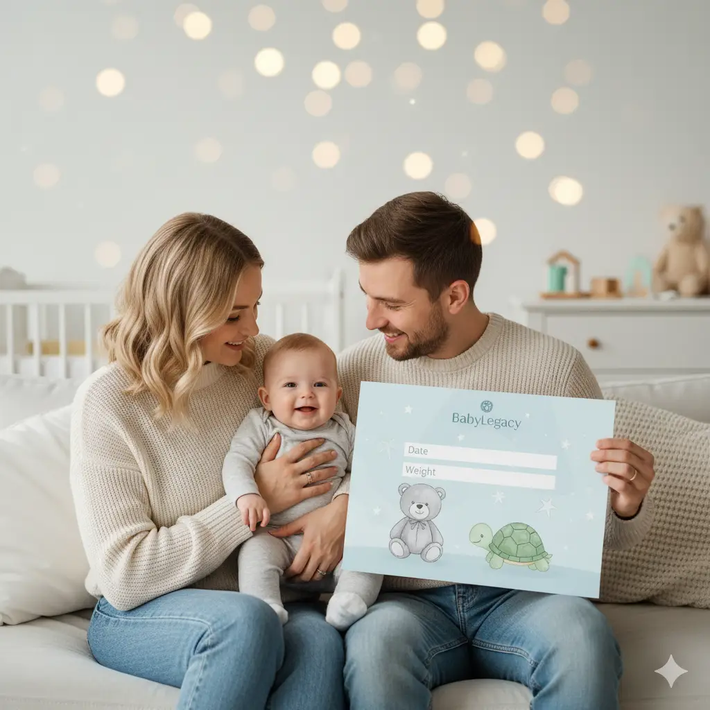 Un couple de jeunes parents heureux avec leur bébé souriant, tenant une affiche de naissance personnalisée BabyLegacy.