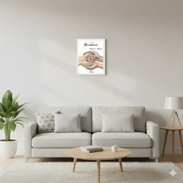 FamilleBlanc_Salon_Blanc Tableau naissance personnalisé famille main et pied